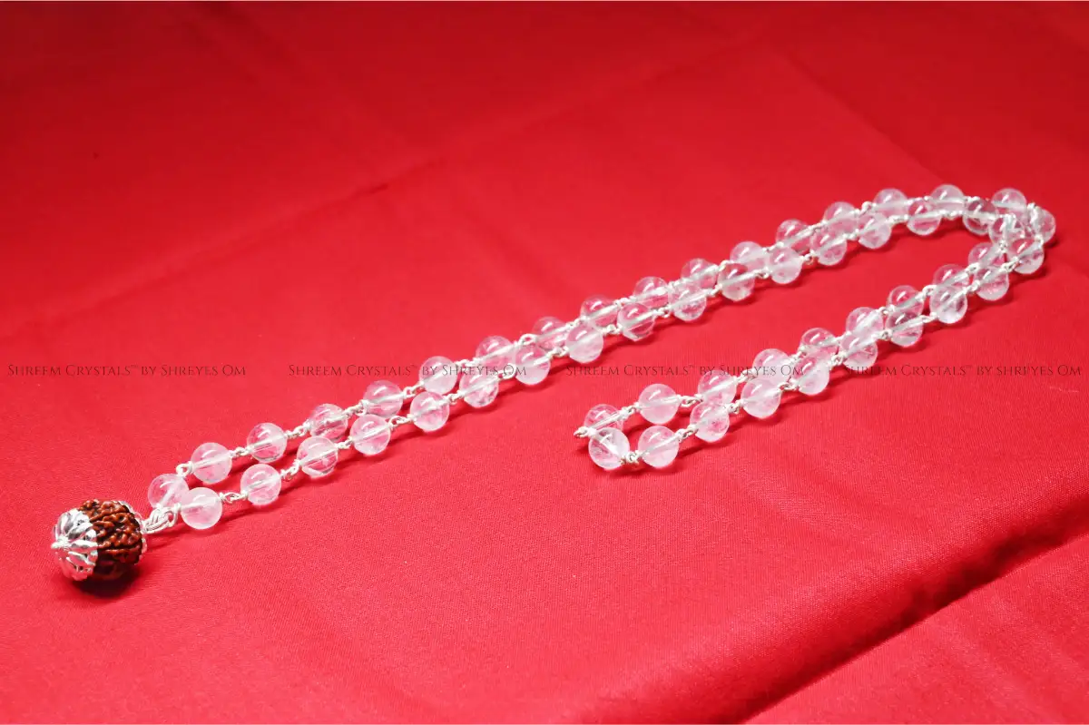 Premium Clear Quartz Silver Mala + 7 Mukhi Rudraksha